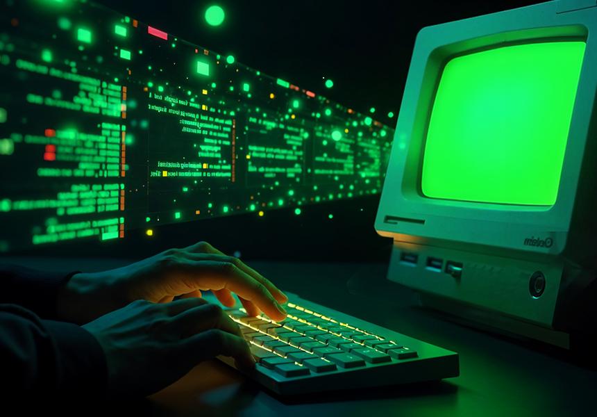 Retro-Computer mit grün leuchtendem Bildschirm, Hände tippen auf Tastatur, in den Monitor fliegt moderner digitaler Code. 