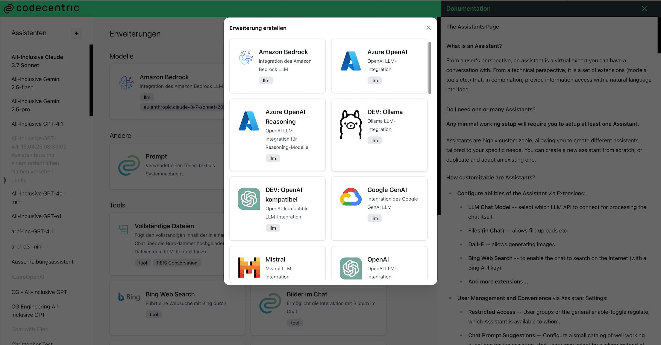 Screenshot der c4 GenAI Suite: Pop-up-Fenster zeigt mögliche Erweiterungen wie Amazon Bedrock, Azure OpenAI, Mistral etc.