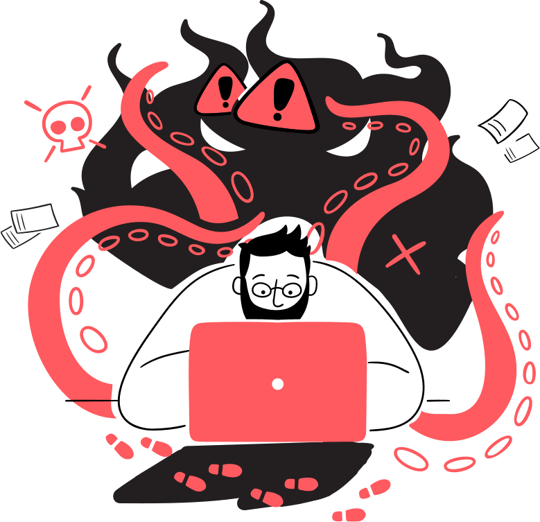 Illustration: Man sitting at a laptop with tentacles coming out, surrounded by a skull, warning signs, and footprints.