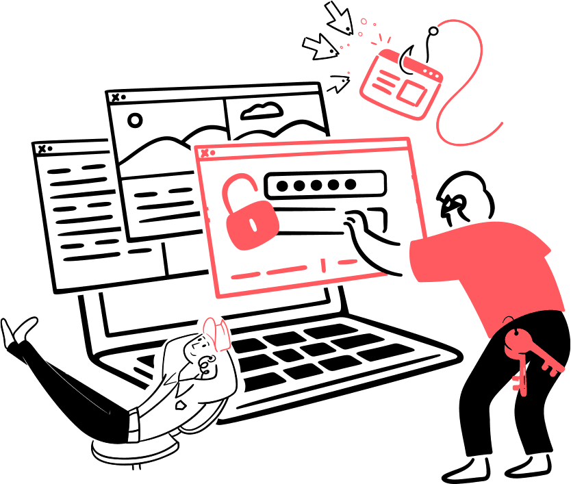 Illustration: Left, a relaxed person at a laptop; right, a masked figure attacks the laptop with a fishing rod.
