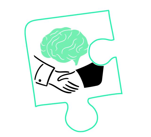 Illustration of two shaking hands and a brain