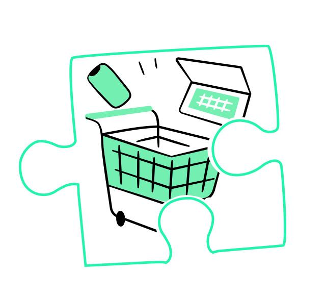 Illustration von einem Einkaufswagen und einem Smartphone und Laptop
