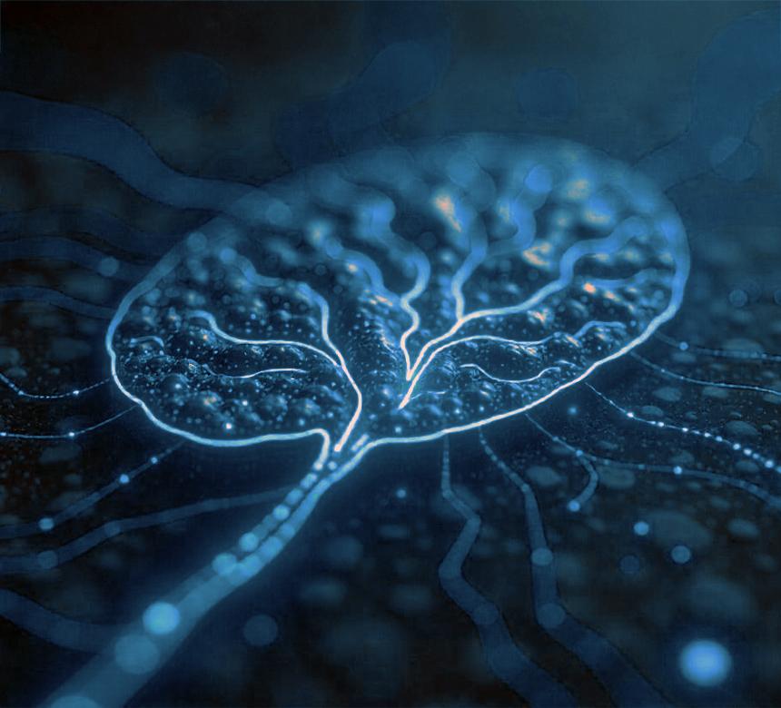 Künstlerische, digitale Darstellung eines Gehirns oder einer neuronalen Struktur in leuchtenden blauen Tönen
