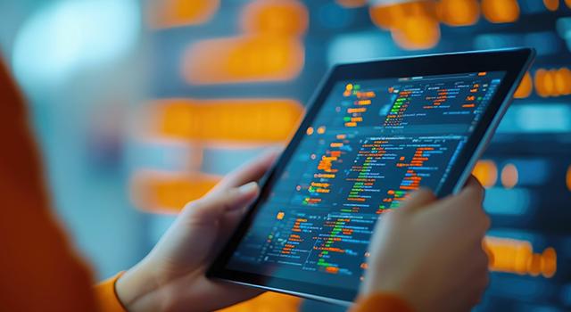 Photo: two hands holding a tablet with data and evaluations