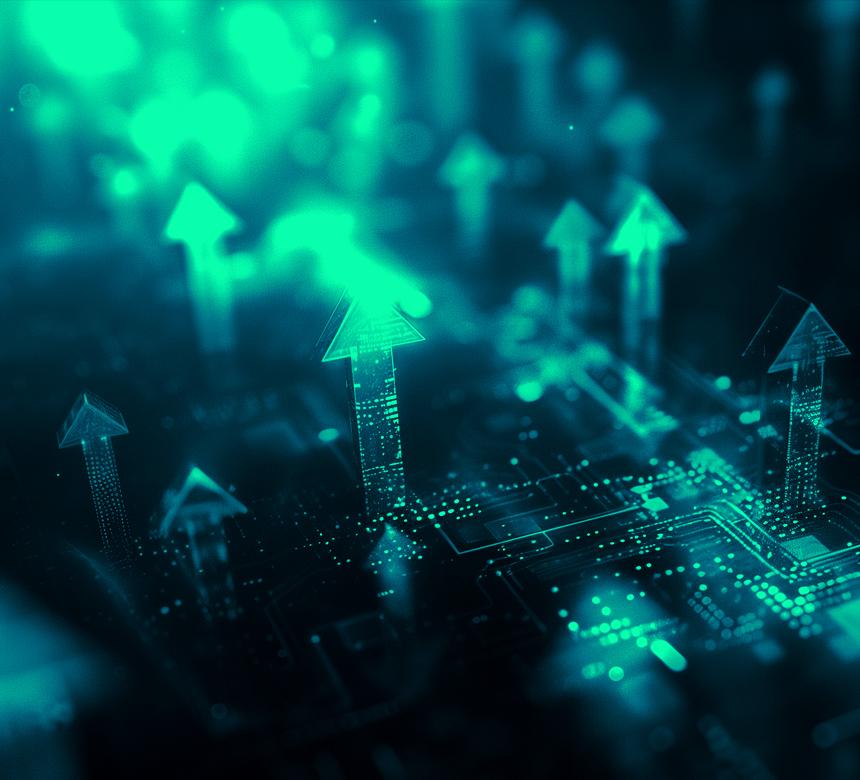 Abstract image of a circuit board with arrows pointing upwards, all in technical blue-green