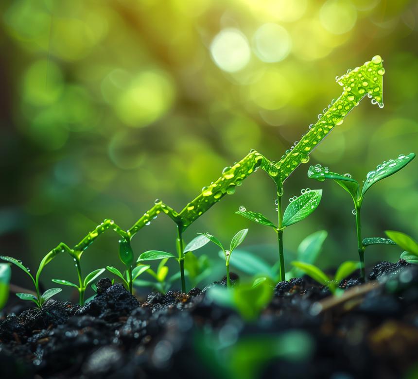 Green trend line above plants