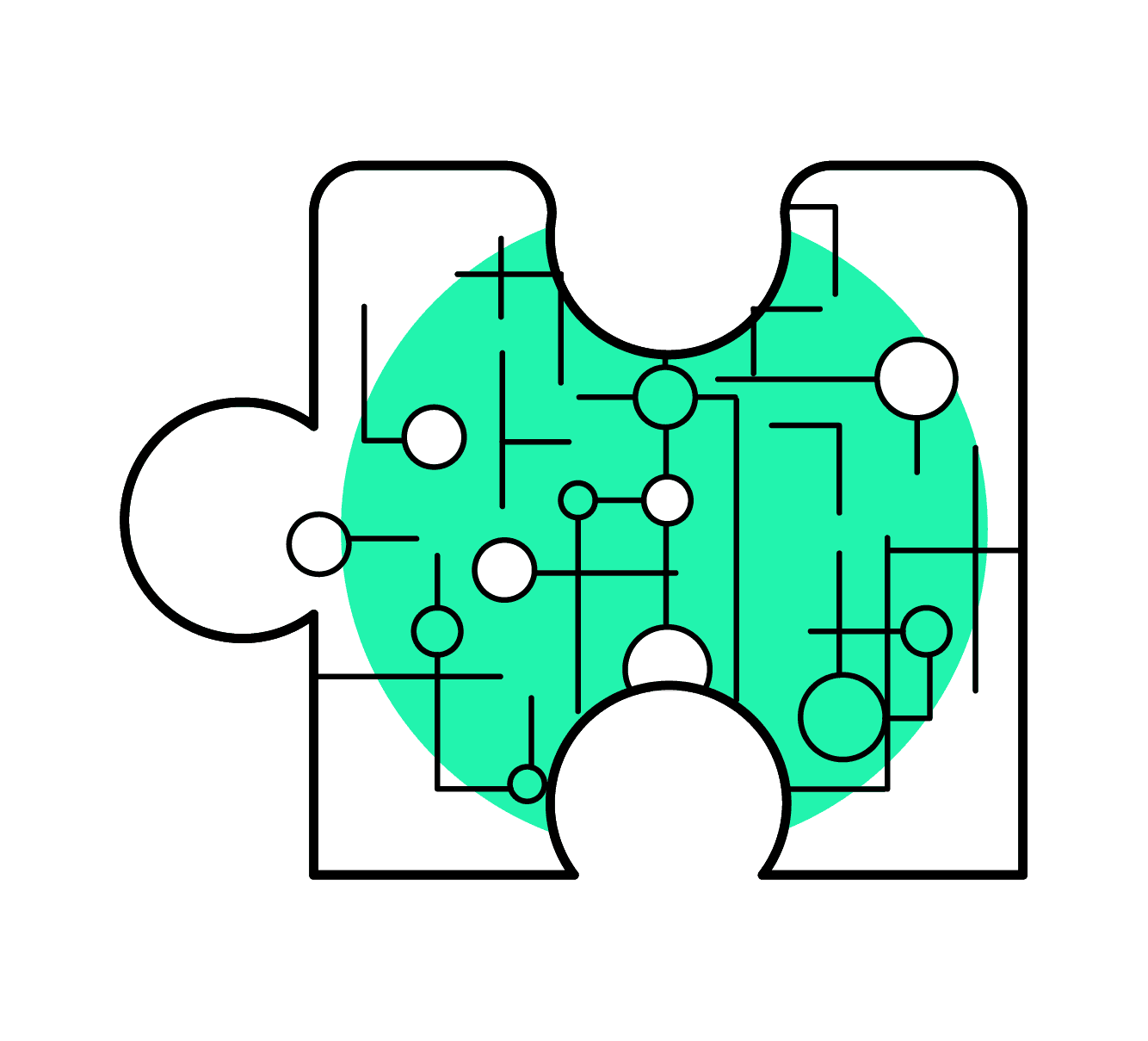 Illustration eines Puzzleteils, auf dem ein digitales Netz aus Linien und Kreisen abgebildet ist 