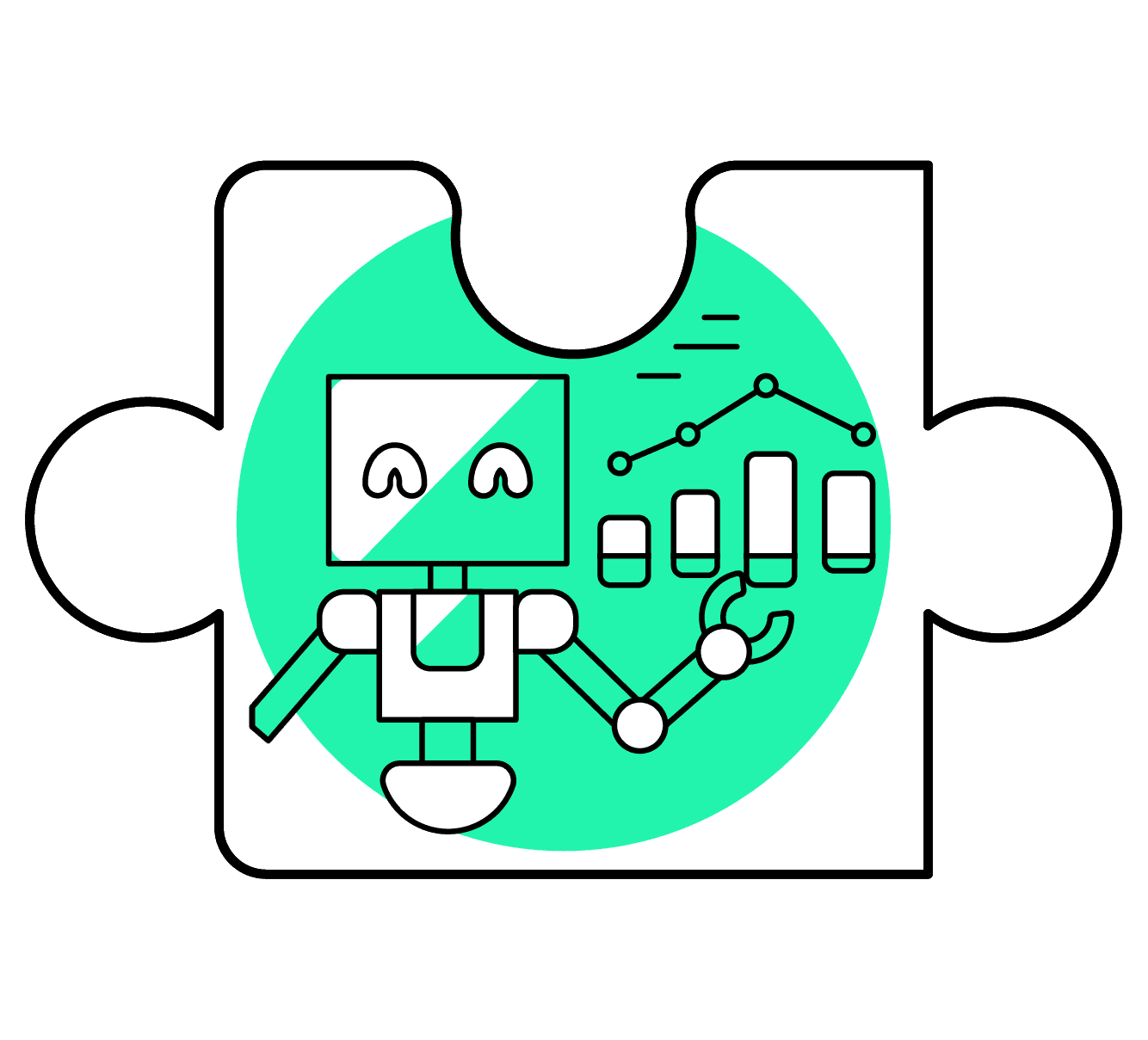 Illustration eines Puzzleteils, darauf ein Roboter, der ein Diagramm präsentiert