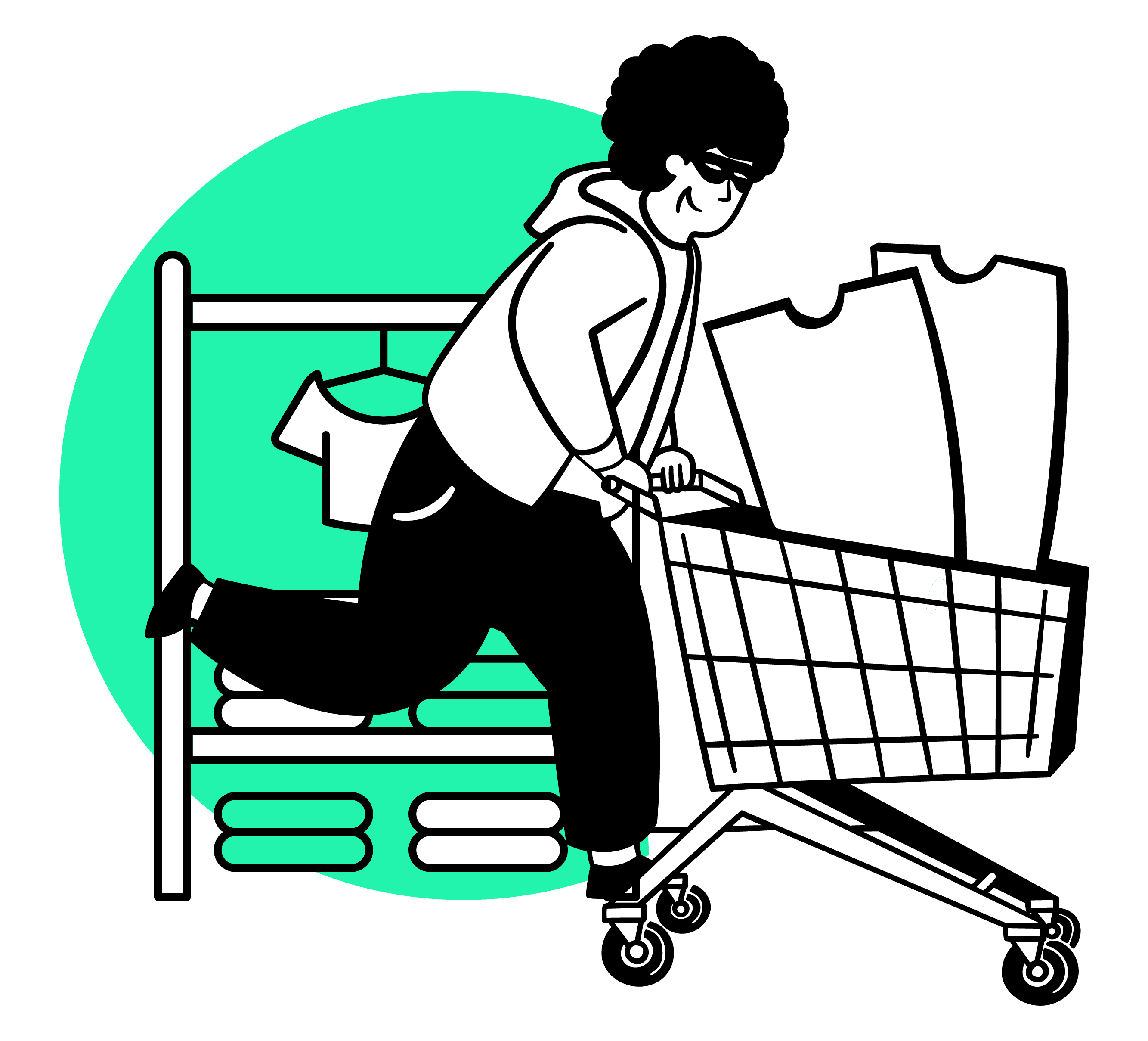 Illustration: Person flüchtet mit vollem Einkaufswagen aus einem Geschäft