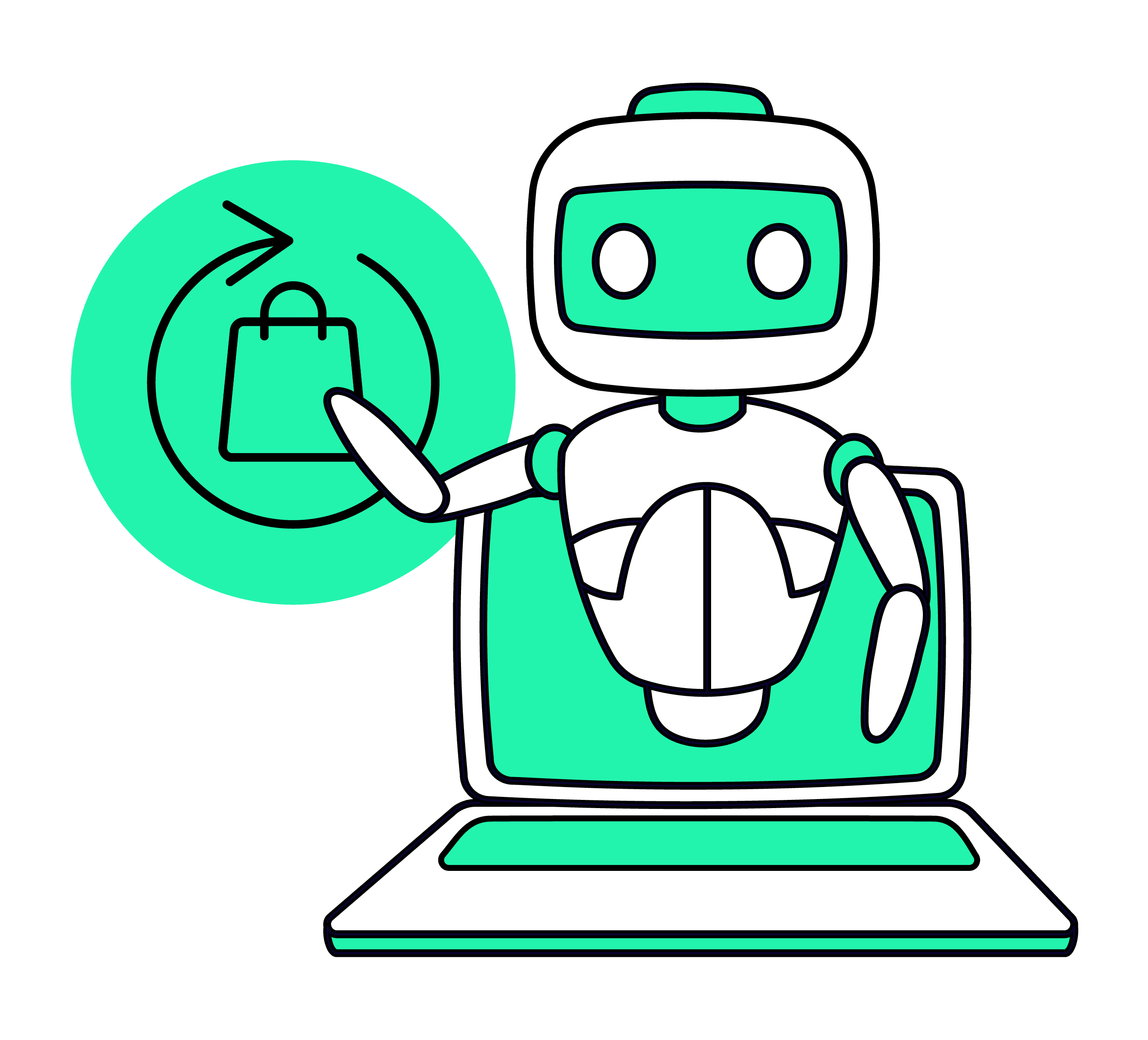 Illustration: A robot in a notebook pointing at a shopping icon