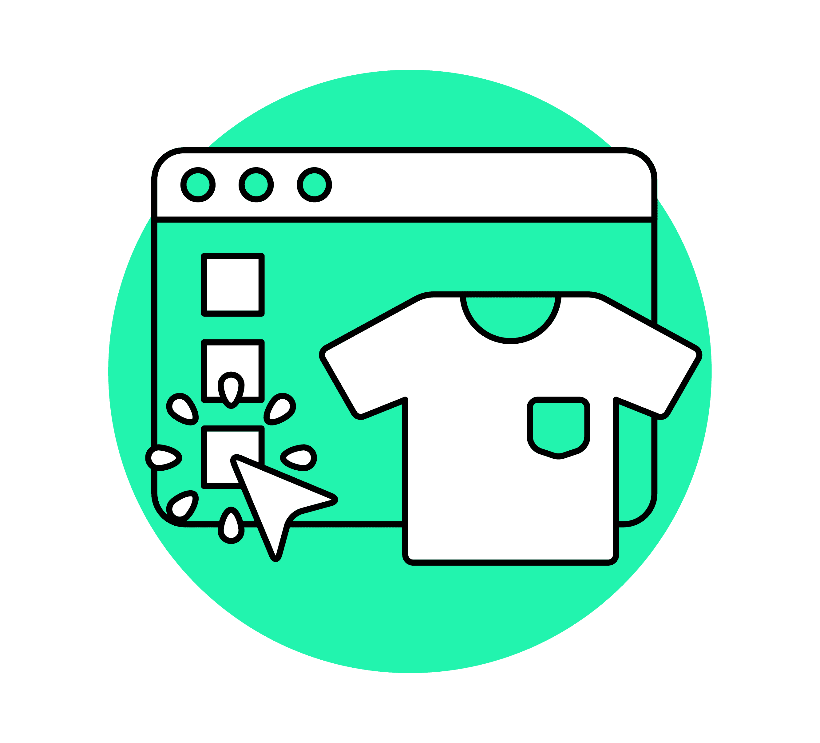 Illustration of agentic commerce: An arrow clicks on a list on the monitor, and a T-shirt appears in front of it