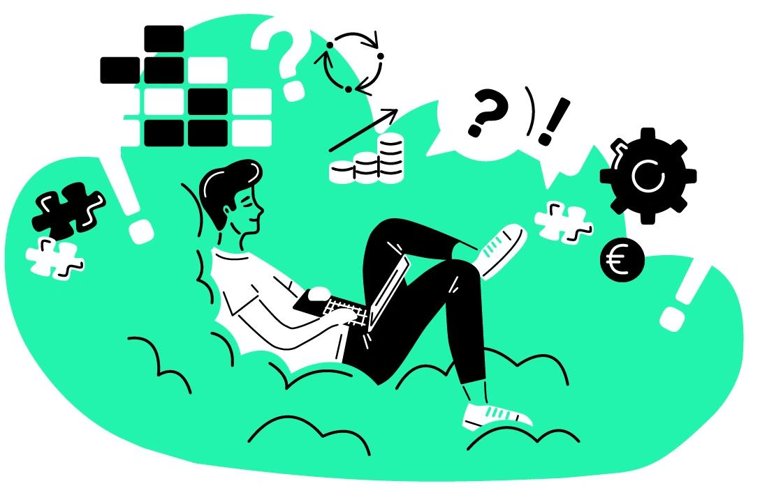 Illustration: Person mit Notebook in Wolke. Charts, Puzzleteile und Zahnräder stellen verschiedene IT-Anforderungen dar.
