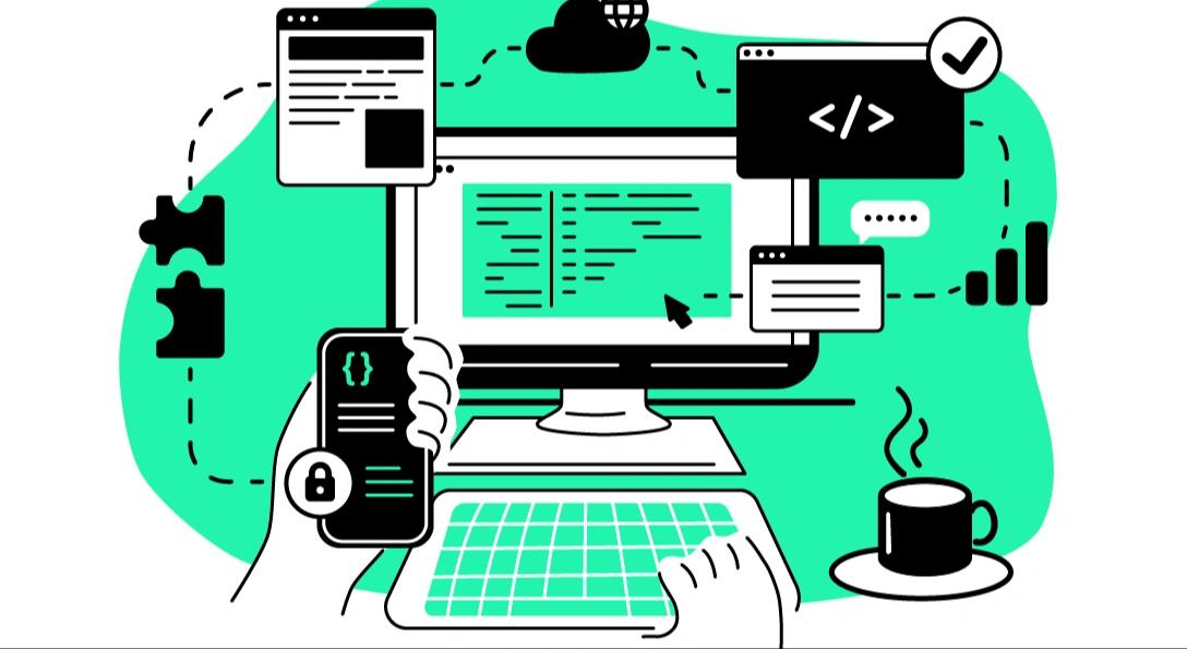 Illustration mit Symbolen für PC, Handy, Cloud, Diagramme und Applikationen mit deren Verknüpfung.