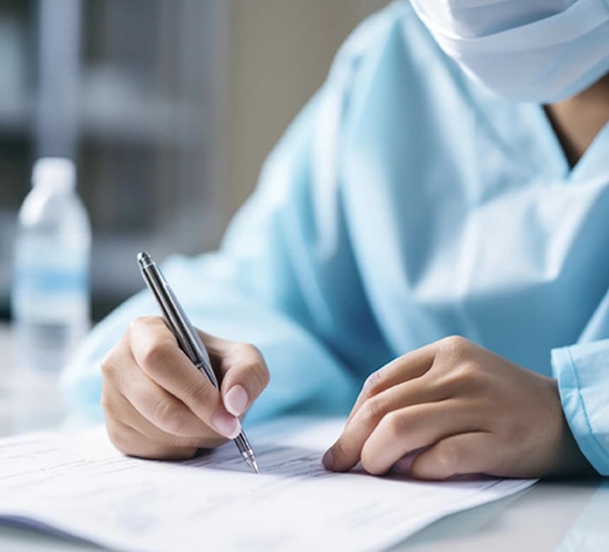 Person mit Schutzkleidung Krankenhaus arbeitet an einem Schriftstück.
