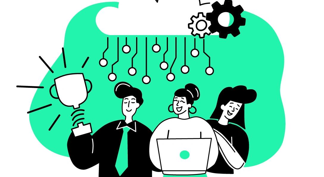 Illustration von 3 glücklichen Personen mit Pokal, angebunden durch verschiedene Linien an eine Cloud mit Zahnrädern.