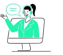 Illustration: Oberkörper einer Frau mit Kopfhörern und Sprechblase kommt aus Monitor