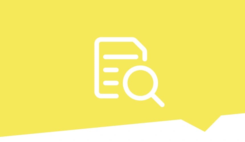 Ein weißes Symbol für Dokumente mit einer Lupe über sich, auf neon gelben Hintergrund.