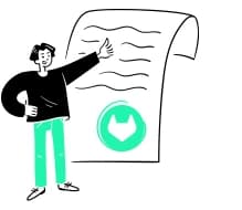 Illustration: Person steht vor einem übergroßen Zertifikat mit Gitlab-Logo und zeigt darauf.