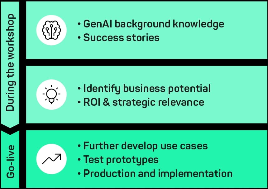Workshop program: GenAI upskilling, identification of business potential, optional collaboration through to go-live