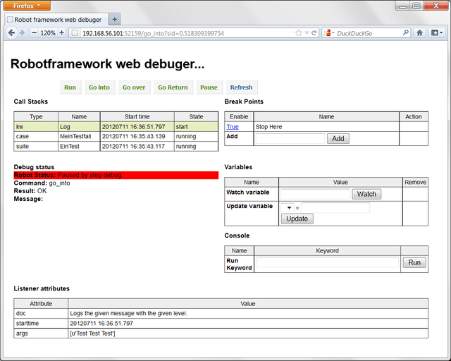 Web GUI "robotframework debuger"