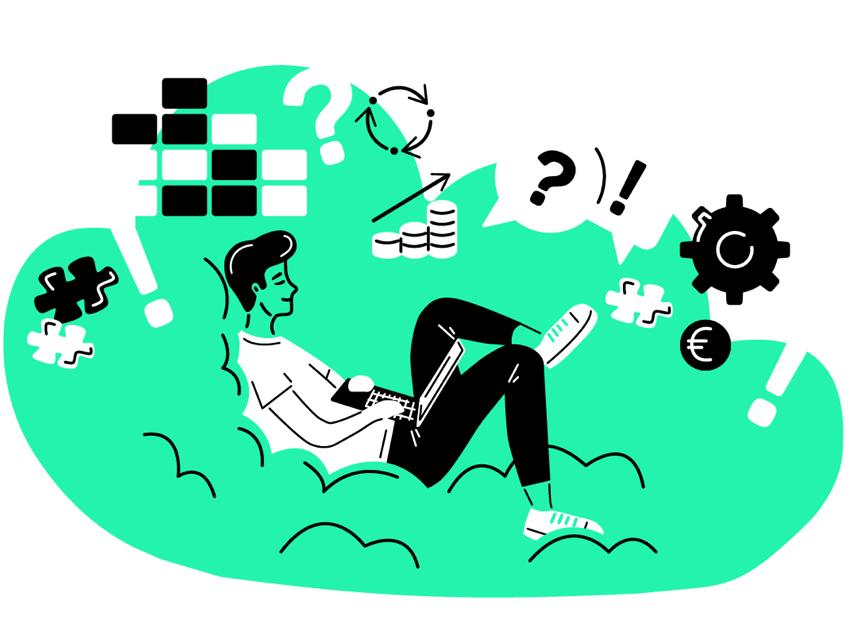 Illustration: Person mit Notebook in Wolke. Charts, Puzzleteile und Zahnräder stellen verschiedene IT-Anforderungen dar.