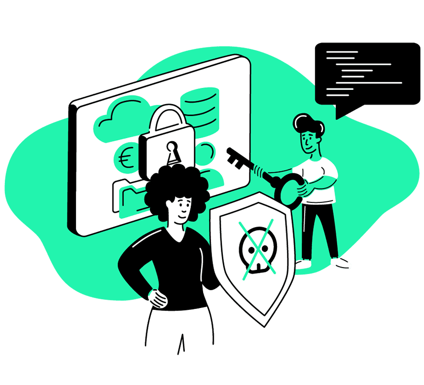 Illustration, die 2 Personen mit Schlüssel und Schutzschild sowie ein Schloss vor IT-Systemen zeigt.