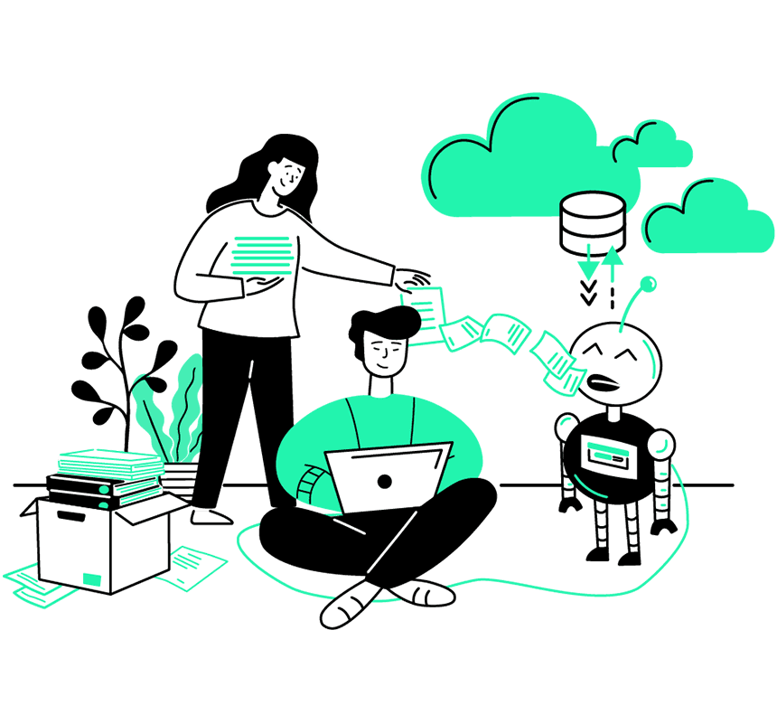 Illustration, in der analoge und digitale Daten unterschiedlicher Quellen in der Cloud mit Analyse und KI verarbeitet werden