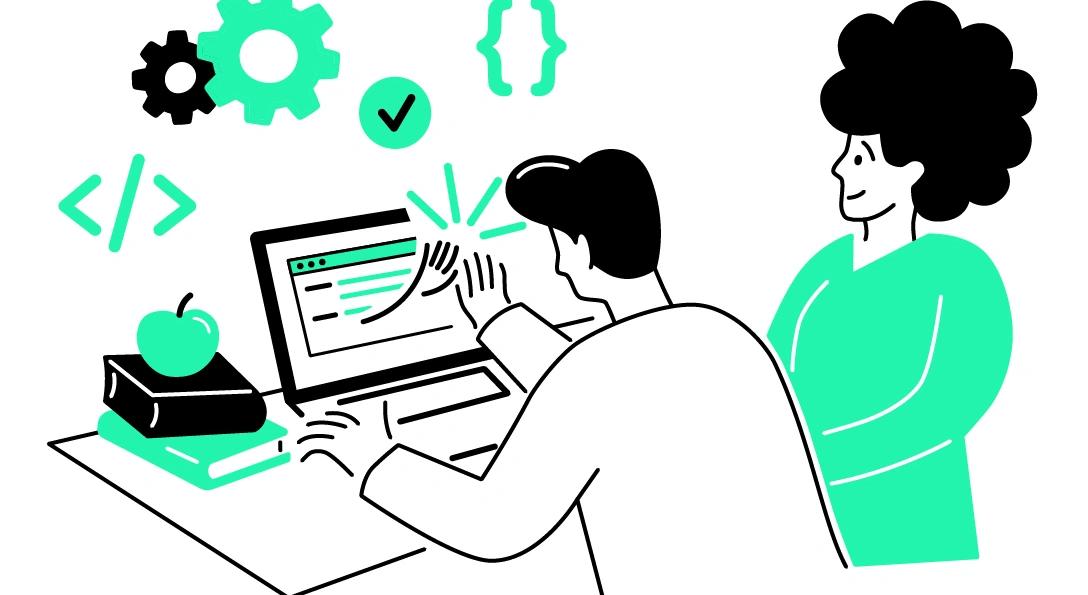 Illustration von Mann, der mit einer Hand aus einem Notebook abklatscht, drumherum Programmiersymbole, Frau daneben guckt zu.