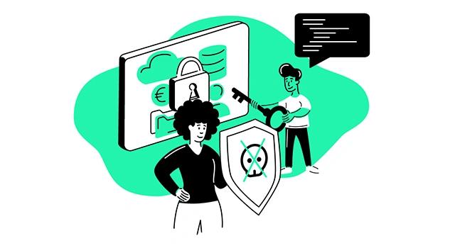 Illustration, die 2 Personen mit Schlüssel und Schutzschild sowie ein Schloss vor IT-Systemen zeigt.