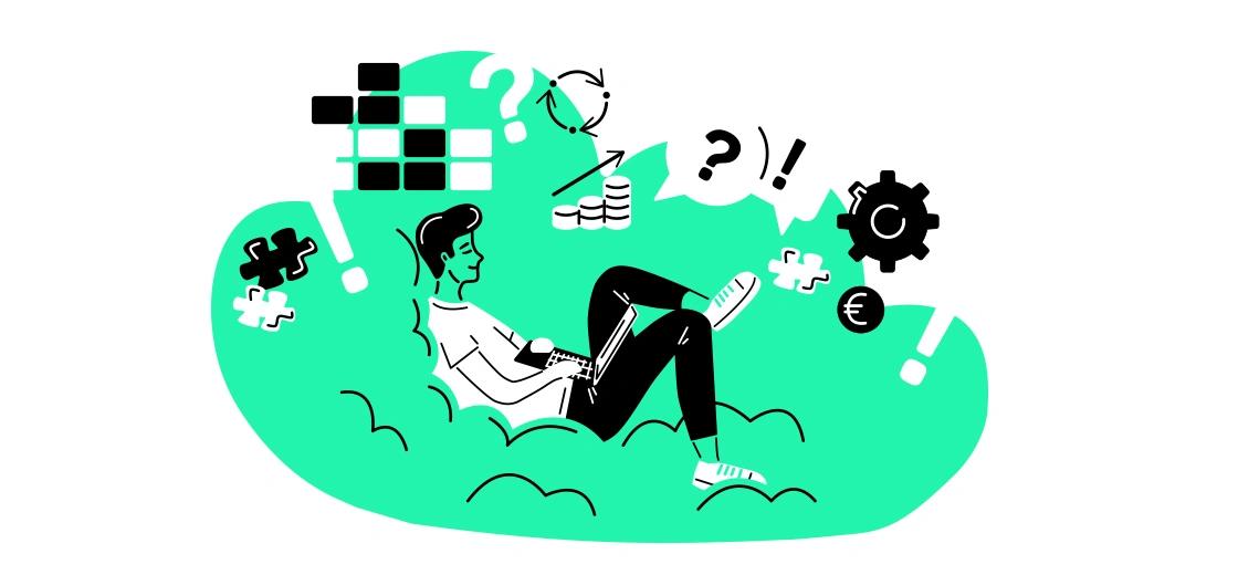 Illustration: Person mit Notebook in Wolke. Charts, Puzzleteile und Zahnräder stellen verschiedene IT-Anforderungen dar.