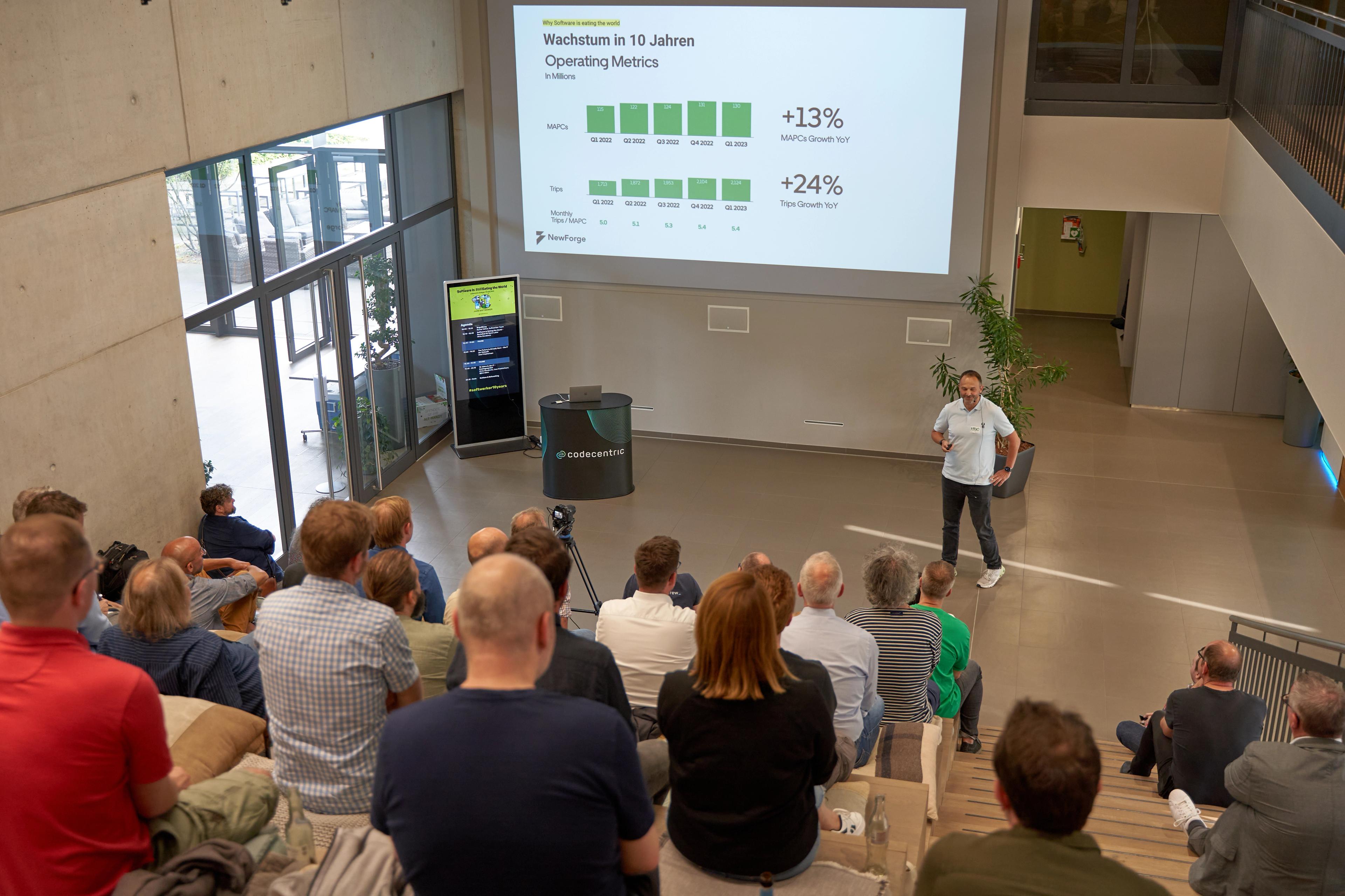 Veranstaltung im Auditorium, an Leinwand Präsentation von Mirko Novakovic.