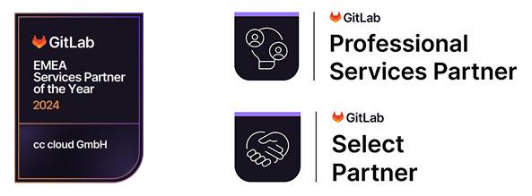 Logos GitLab EMEA Services Partner of the Year 2024, Professional Services Partner und Select Partner