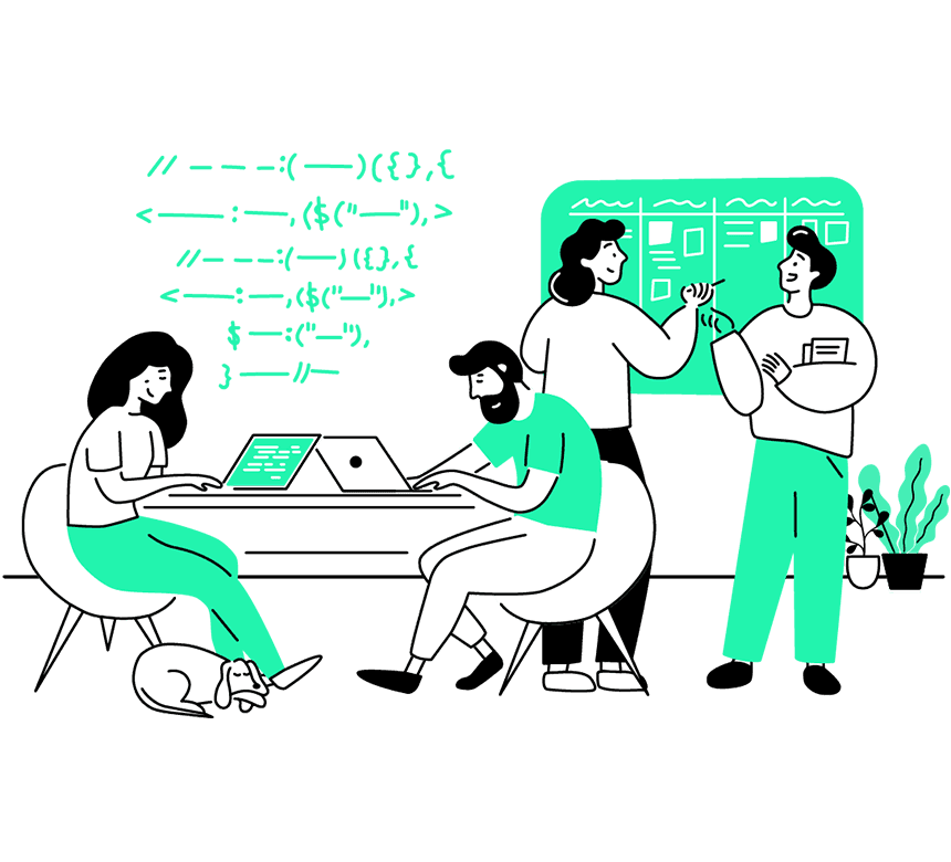 Illustration: 4 Personen an Notebooks und Whiteboard, die diskutieren, planen und programmieren.