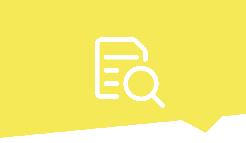 Ein weißes Symbol für Dokumente mit einer Lupe über sich, auf neon gelben Hintergrund.