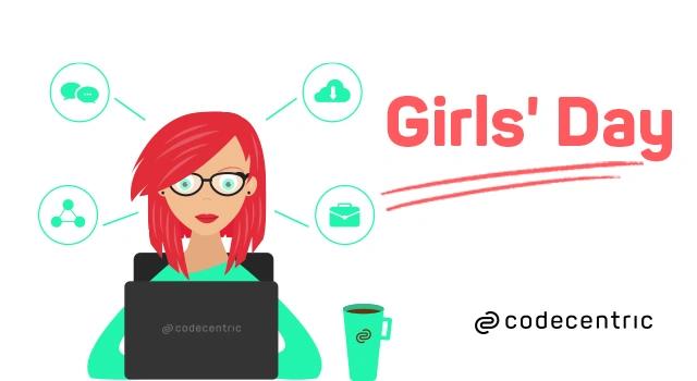 Illustrierte Grafik eines Mädchens die am Girls Day an einem Computer der codecentric Arbeitet, um sie Symbole für Arbeit.