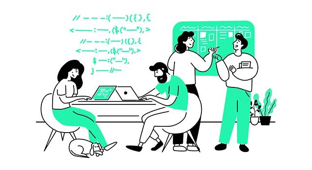 Illustration: 4 Personen an Notebooks und Whiteboard, die diskutieren, planen und programmieren.
